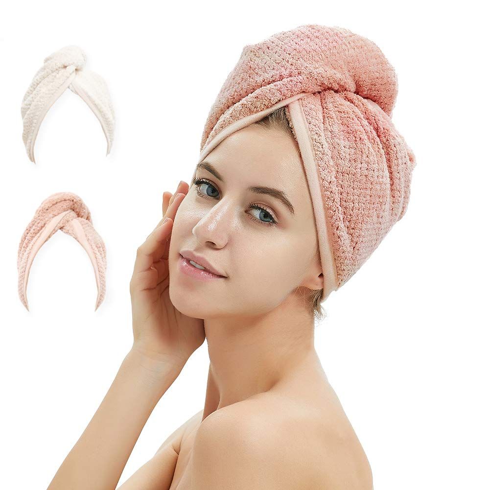 2 Pack Hair Towel Wrap,Hair Drying Towel with Button, Microfiber Hair Towel, Dry Hair Hat, Bath H... | Amazon (US)