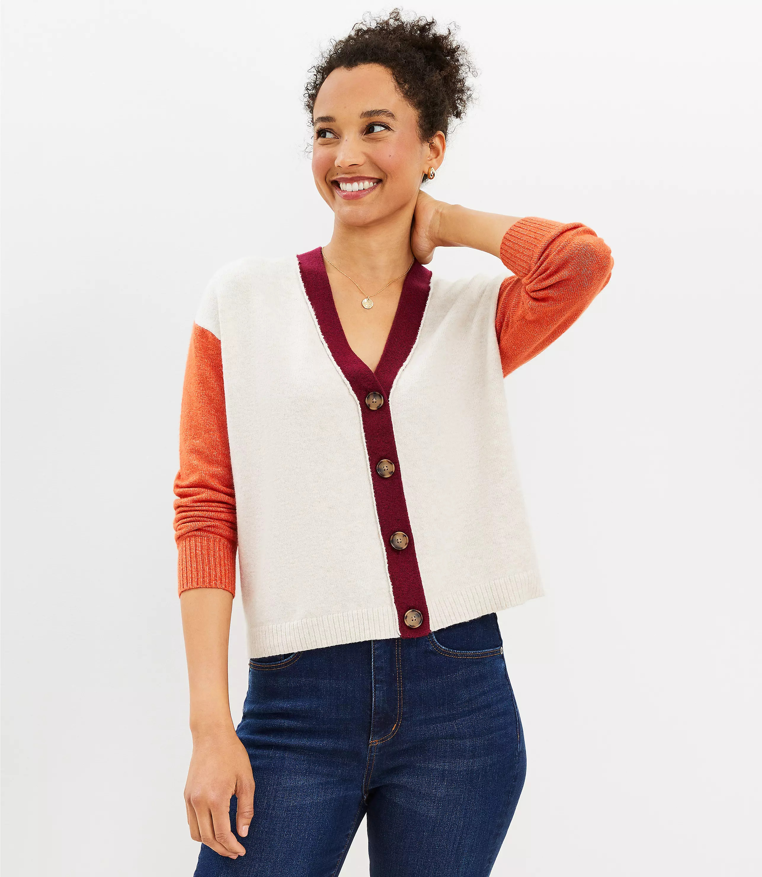 Colorblock Cropped V-Neck Cardigan | LOFT