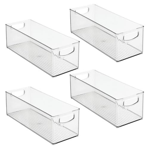 mDesign Plastic Stackable Kitchen Organizer - Storage Bin with Handles for Refrigerator, Freezer, Cabinet, and Pantry Shelves Organization - Food Container - Ligne Collection - 4 Pack - Clear | Amazon (US)