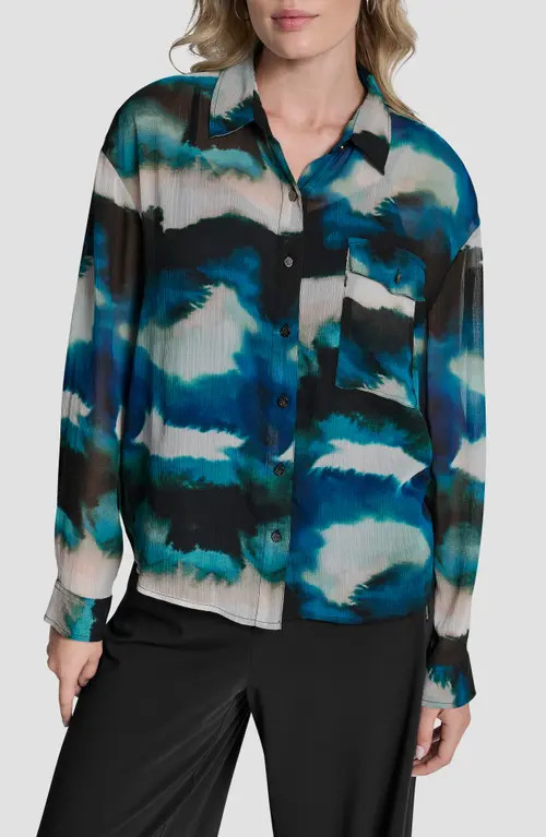 DKNY Print Long Sleeve Button-Up Chiffon Shirt in Marbled Ocean at Nordstrom, Size Large | Nordstrom