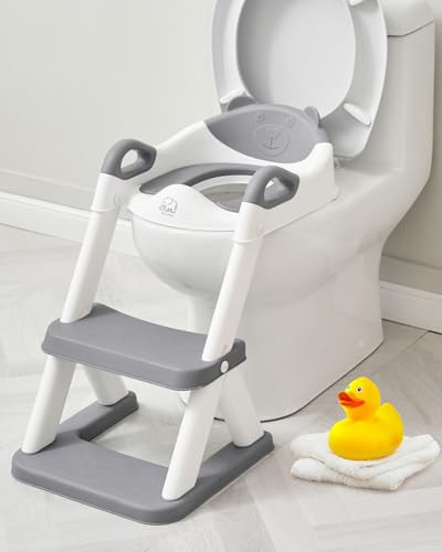 Forbena Toddler Potty Training Seat with Step Stool Ladder, Toilet Potty Seat for Baby Boys Girls Toddlers, Kids Chair Stairs with Handles and Soft Cushion (White and Grey) | Amazon (US)