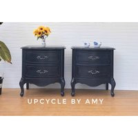 Nightstands. Navy French Provincial Night Stands. Vintage Queen Anne Bedroom Table Set. Elegant Blue | Etsy (US)