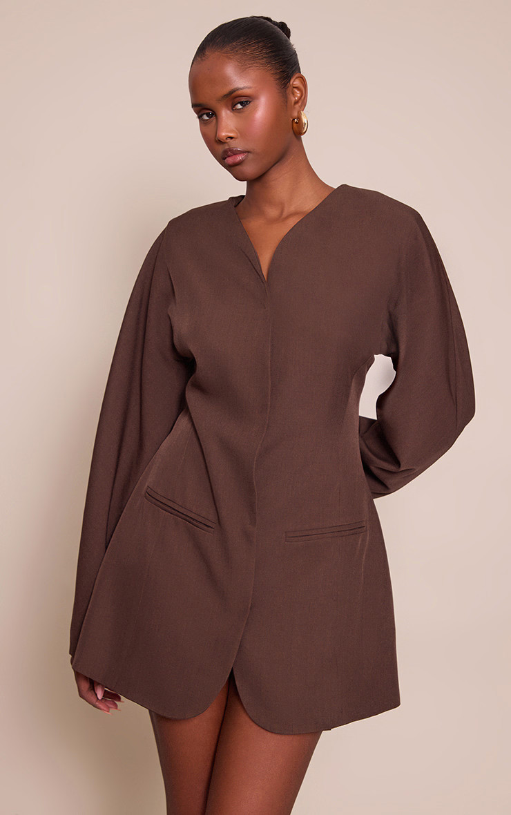 Chocolate Woven Balloon Sleeve Collarless Blazer Dress | PrettyLittleThing UK