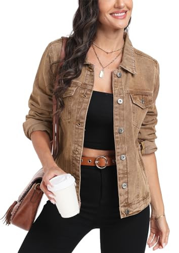 MISS MOLY Women's Denim Jacket Button Up Long Sleeve Basic Trendy Jean Jacket Coat with Pockets almond Brown S | Amazon (US)