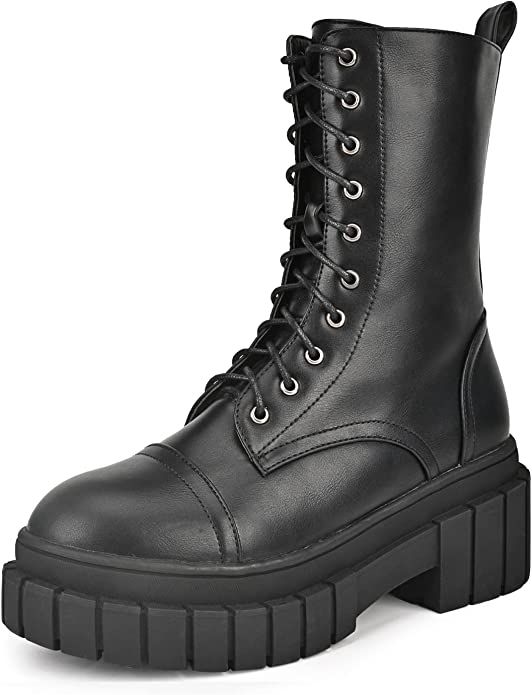 READYSALTED Women's Ankle Low Heel Platform Chunky Sole Lace Up Side Zipper Combat Biker Boots(HO... | Amazon (US)