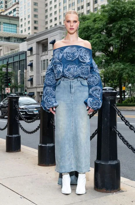 OH THE DRAMA DENIM MAXI SKIRT WITH TRAIN in medium blue denim | AKIRA