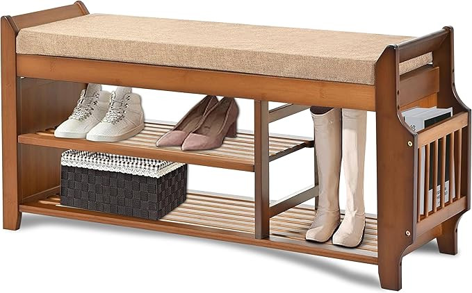 Shoe Storage Bench for Entryway, Bamboo Entryway Bench with Hidden Drawer and Side Brackets,2-Tie... | Amazon (US)