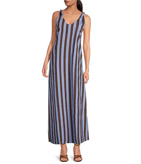 Buru Tie Shoulder Strap Stripe Print Scalloped V-Neck Maxi Dress | Dillard's | Dillard's