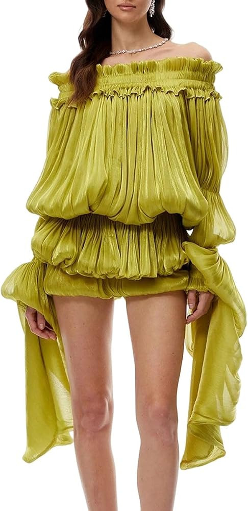 Women Slash Neck Mini Dress Long Sleeve Patchwork Fold Detail Slim Fit Party Outfit | Amazon (US)