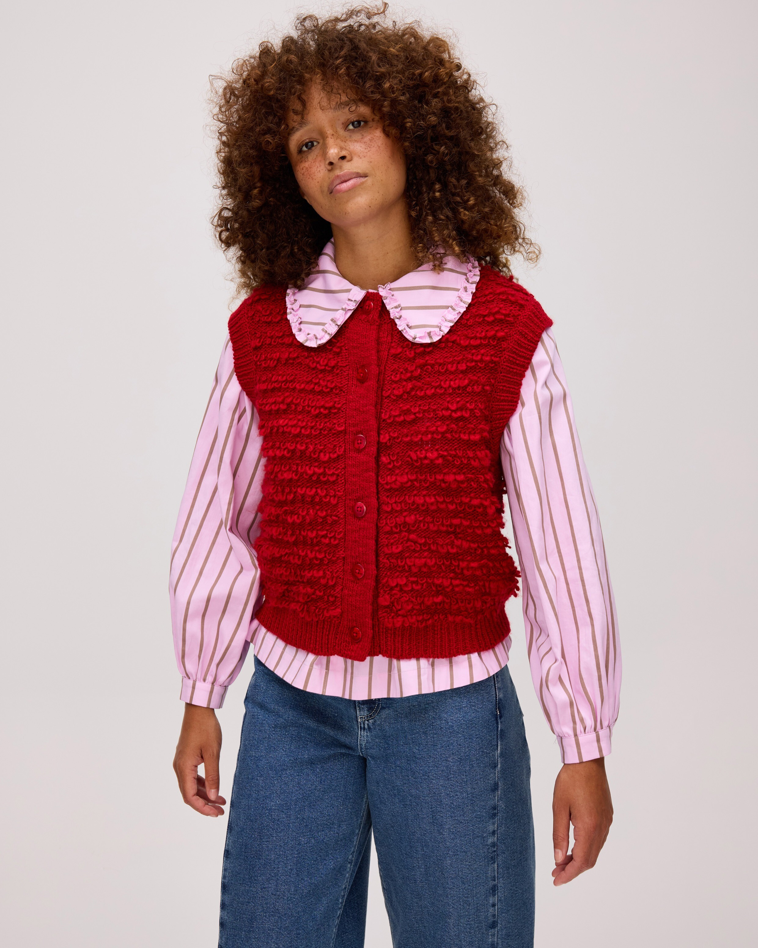 Cherry Red Loop Knitted Button Up Waistcoat, size 16 | Oliver Bonas (Global)