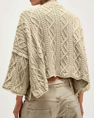 Amazon.com: Womens Cable Knit Cropped Sweaters Oversized Fall Long Sleeve Pullover | Chunky Knit,... | Amazon (US)