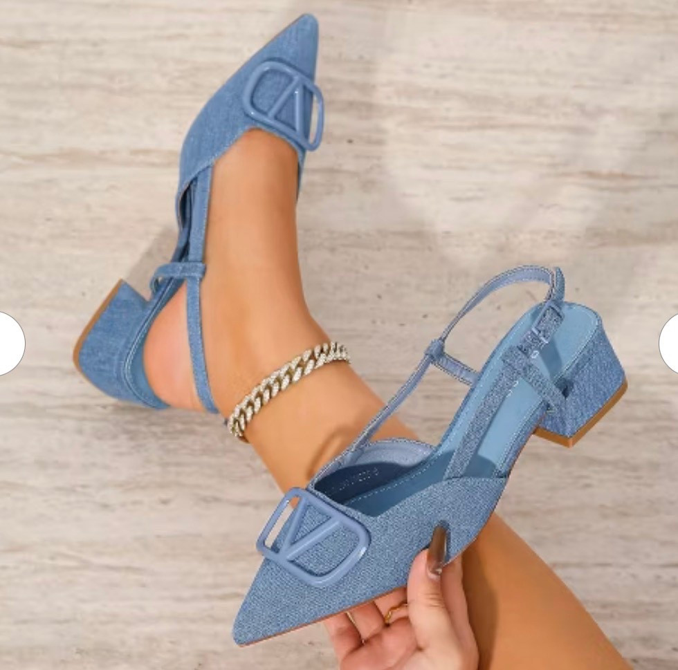 Berness Women's Clementine Pointed Slingback Block Heels with Statement Buckle Denim 6