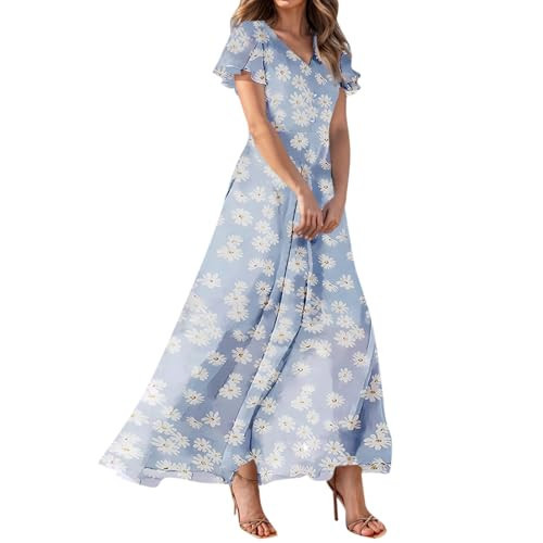Generic Women's Spring/Summer 2025 Light Blue Floral Midi Dress, Medium, 6" W x 2" L x 8" H, Chiffon, Short Sleeve, V-Neck, High Waist, Strapless, V Back, Casual, Maxi Dress | Amazon (US)