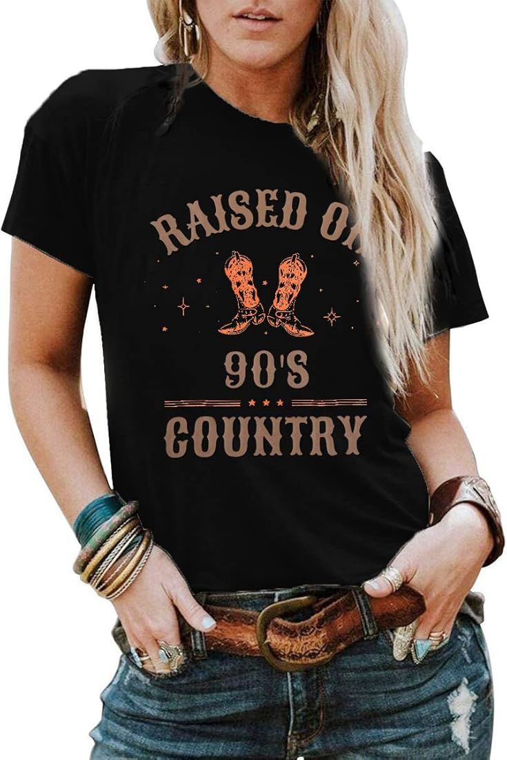 ASTANFY Raised on 90s Country Shirt Womens Vintage Cowgirl T-Shirt Concert Outfits Casual Country Mu | Amazon (US)