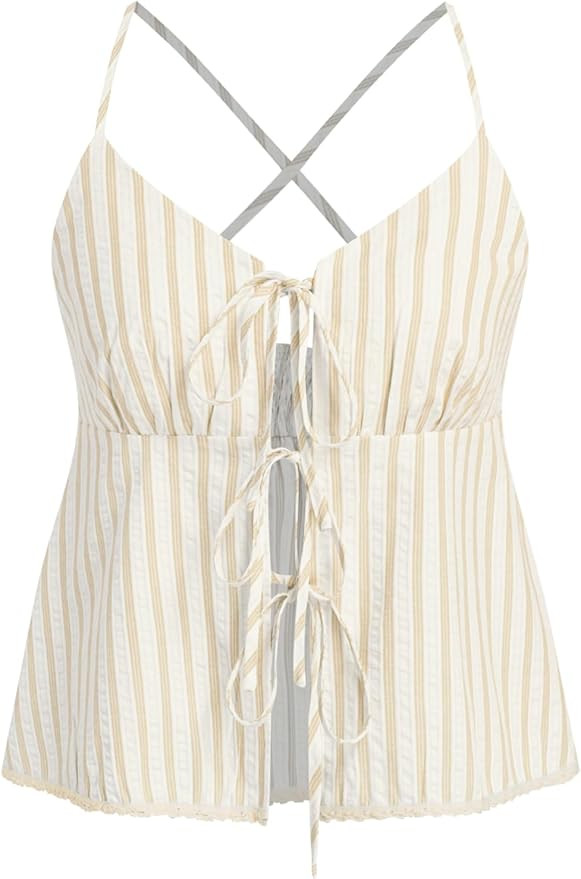 CIDER Womens Tie Front Tops Cotton Blend Going Out Striped Sleeveless V Neck Vacation Beach Tank ... | Amazon (US)