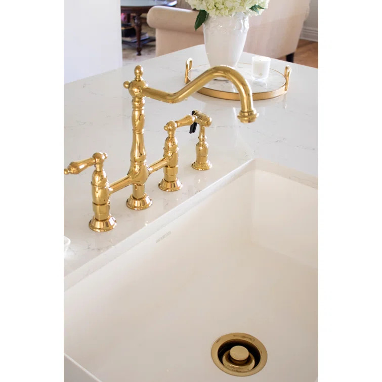 Kingston Brass Heritage Two-Handle 4-Hole Deck Mount Bridge Kitchen Faucet with Brass Side Spraye... | Wayfair North America