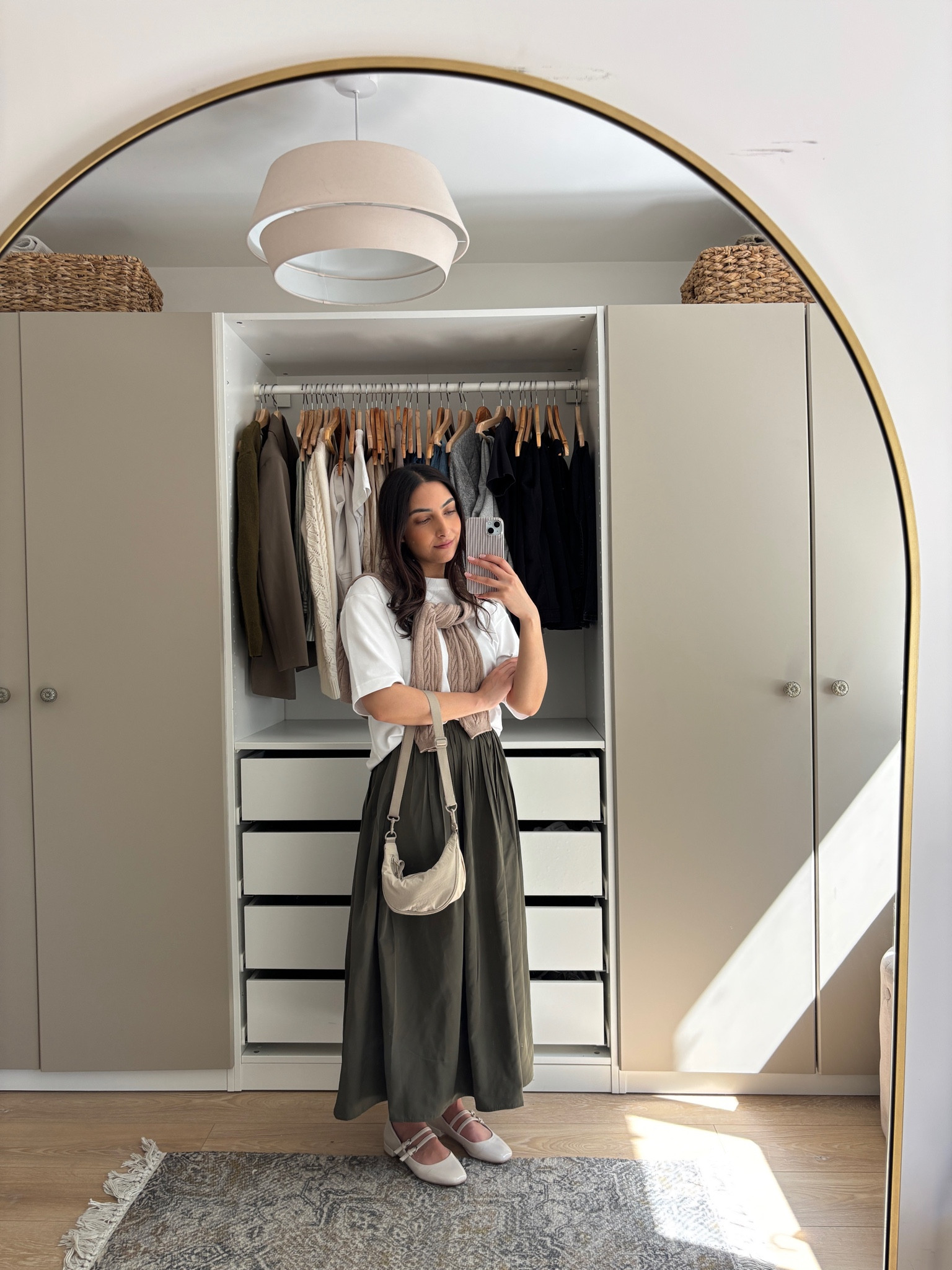 uniqlo, casual summer outfit, casual spring outfit, maxi skirt, midi skirt, modest skirt, oversized t shirt, mens airism crew neck t shirt, viral uniqlo bag, mini bag, mini side bag, white ballet flats, white mary jane 

#LTKSeasonal #LTKeurope #LTKfindsunder50