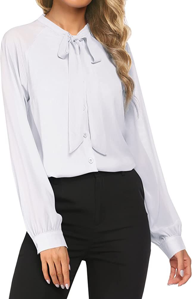 ACEVOG Women's Bow Tie Neck Long Sleeve Shirt Blouse Tops,1white,Medium at Amazon Women’s Cloth... | Amazon (US)