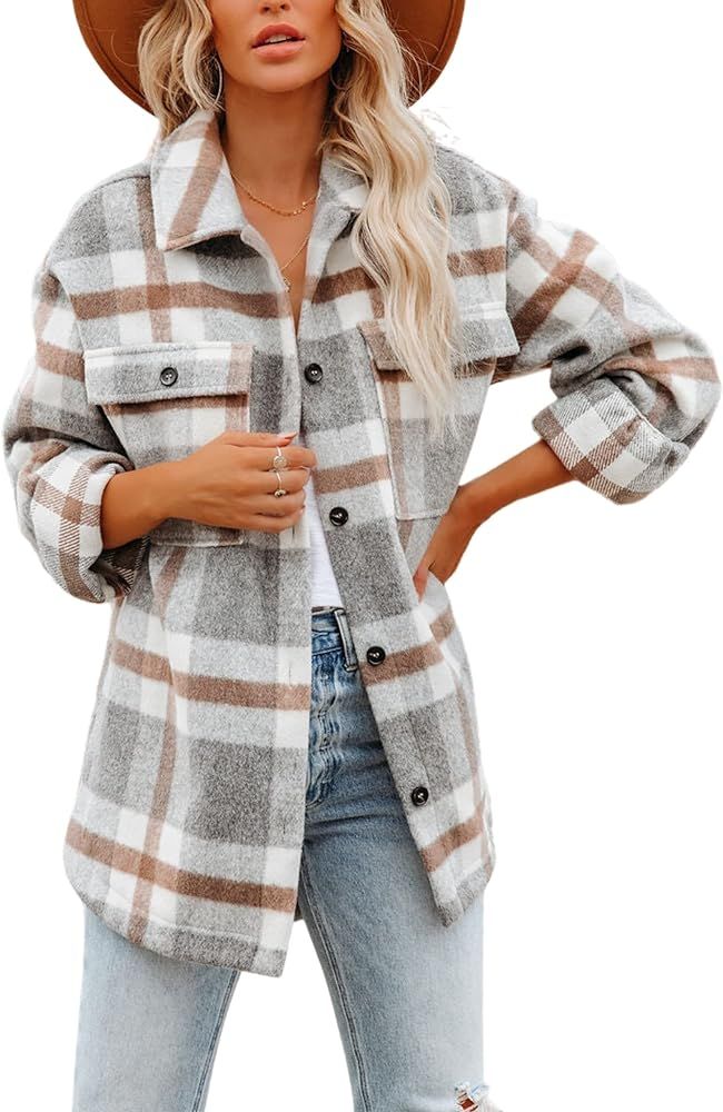 Esmeling Womens Brushed Flannel Plaid Shirts Button Down Pocketed Wool Blend Shacket Jacket Coats | Amazon (US)