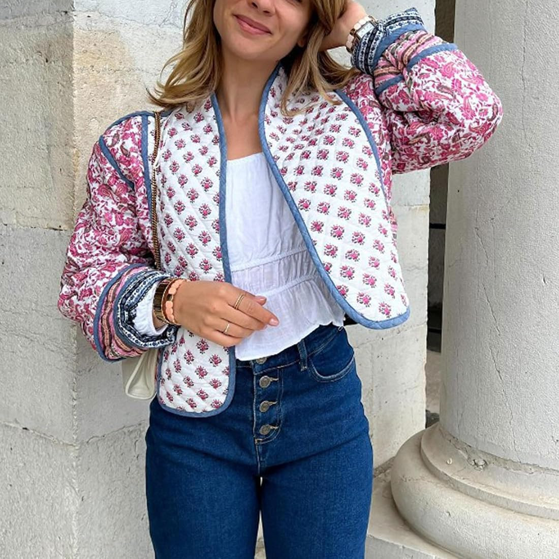 Women's Cropped Puffer Jacket Cardigan Floral Printed Lightweight Open Front Short Padded Quilted... | Amazon (US)