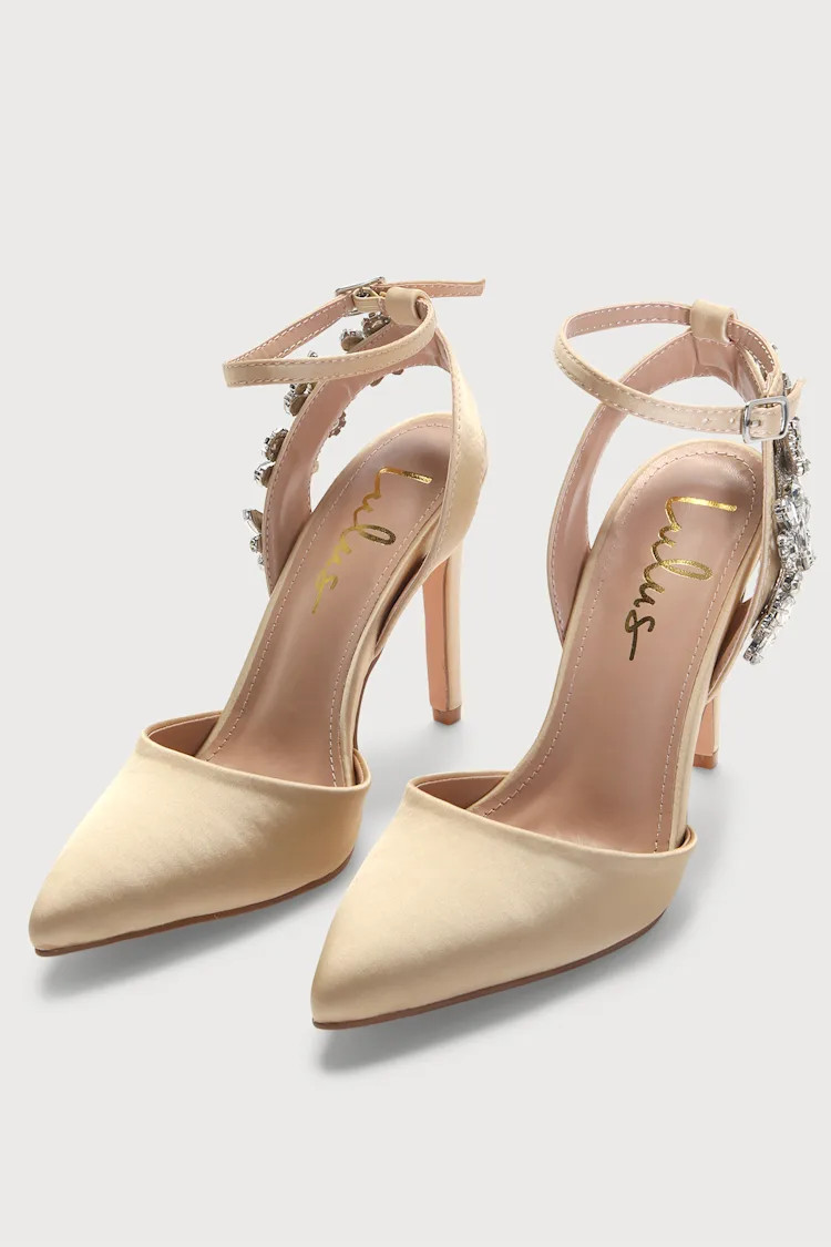 Milburn Champagne Satin Rhinestone Ankle Strap Heels | Lulus (US)