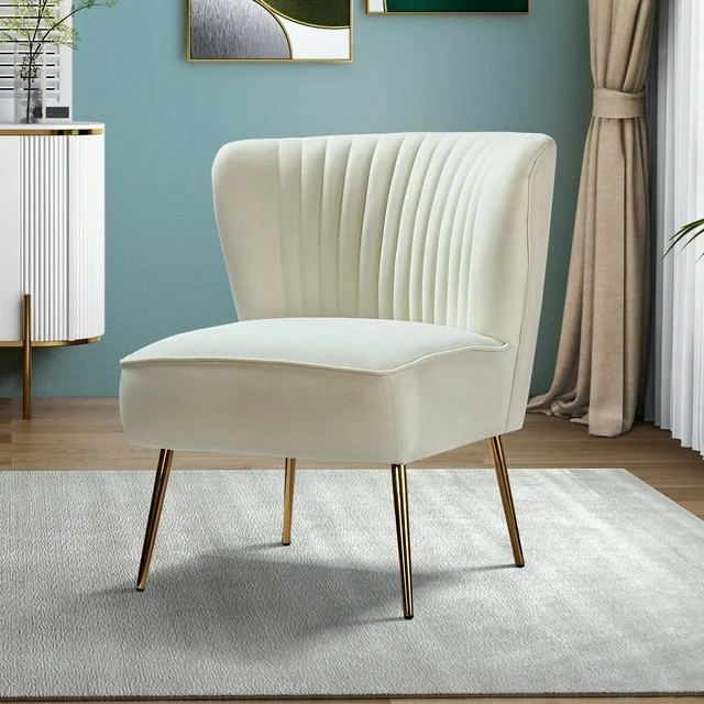 14 Karat Home Velvet Accent Chair Upholstered Armless Side Chair Gold Leg Living Room Adult Ivory | Walmart (US)