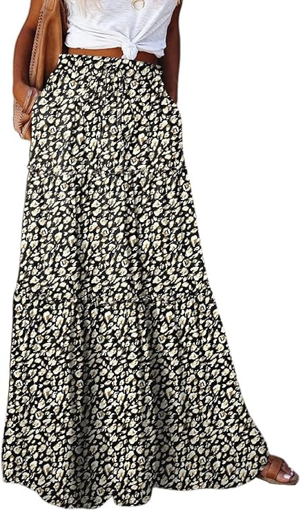 Happy Sailed Womens Floral Print Boho Maxi Skirt Elastic High Waist Pleated Ruffle Flowy Long Ski... | Amazon (US)