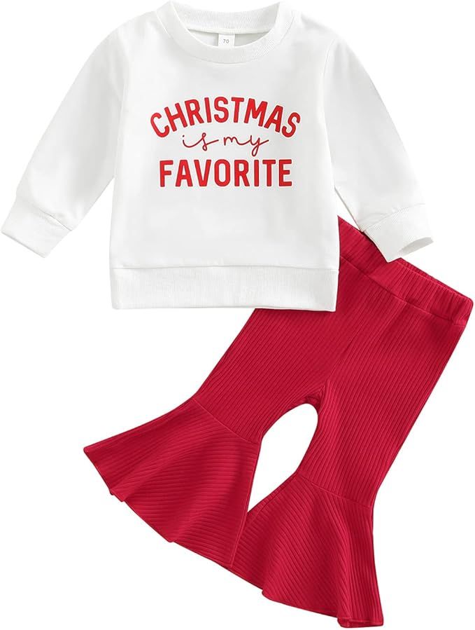 Amazon.com: Toddler Baby Girl Christmas Outfit Santa Long Sleeve Sweatshirt Top Bell Bottoms Pant... | Amazon (US)