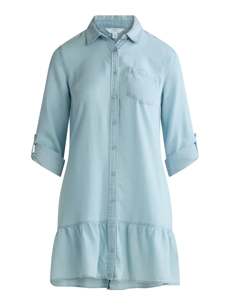 Time and Tru Women's and Women’s Plus Tiered Mini Shirtdress with Long Sleeves, Sizes XS-3XL | Walmart (US)