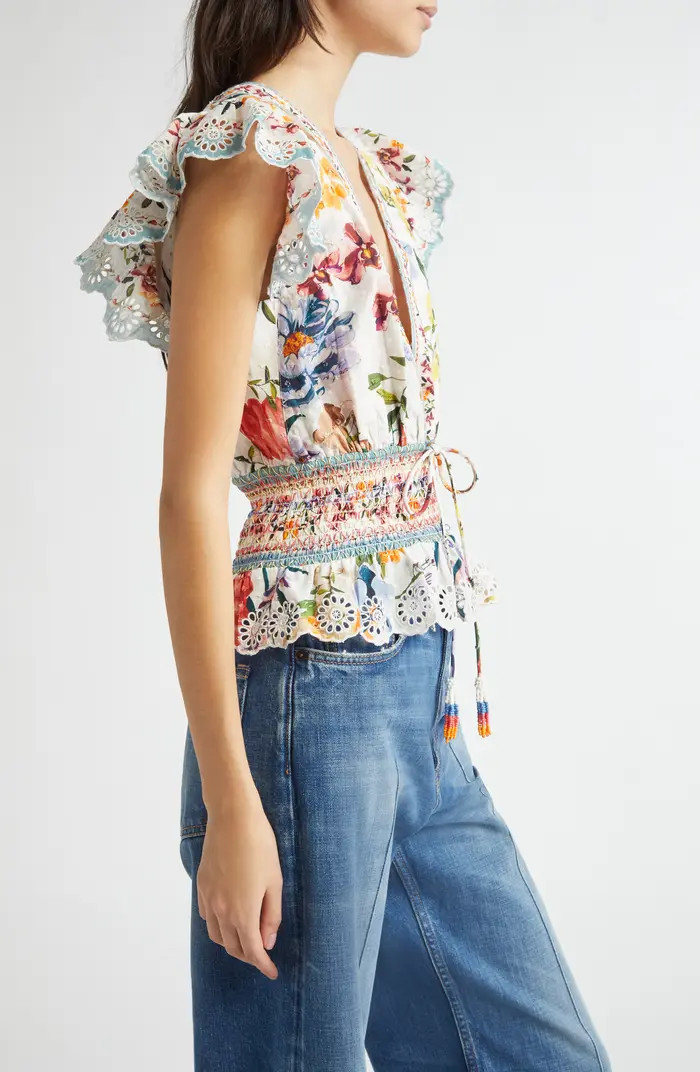 FARM Rio Greek Garden Swiss Dot Flutter Sleeve Plunge Neck Cotton Top | Nordstrom | Nordstrom
