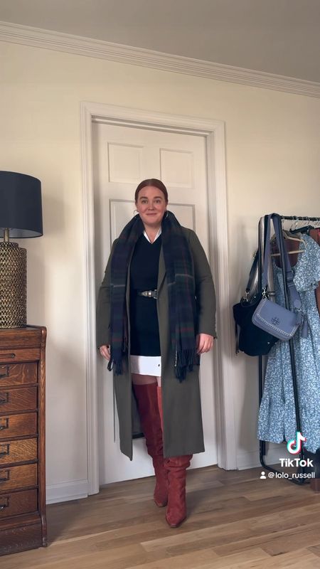 Red and olive green look with Vince camuto wide calf boots. They fit a little small in the foot, so go up half a size, but great in the calf. I have a 17” calf circumference for reference. Paired back to a Draper James sweater dress in size 1X and an old army green double breasted coat from ASOS (linked similar). USE CODE EXTRA25 for additional 25% off the shoes!! 

#LTKplussize #LTKshoecrush #LTKsalealert