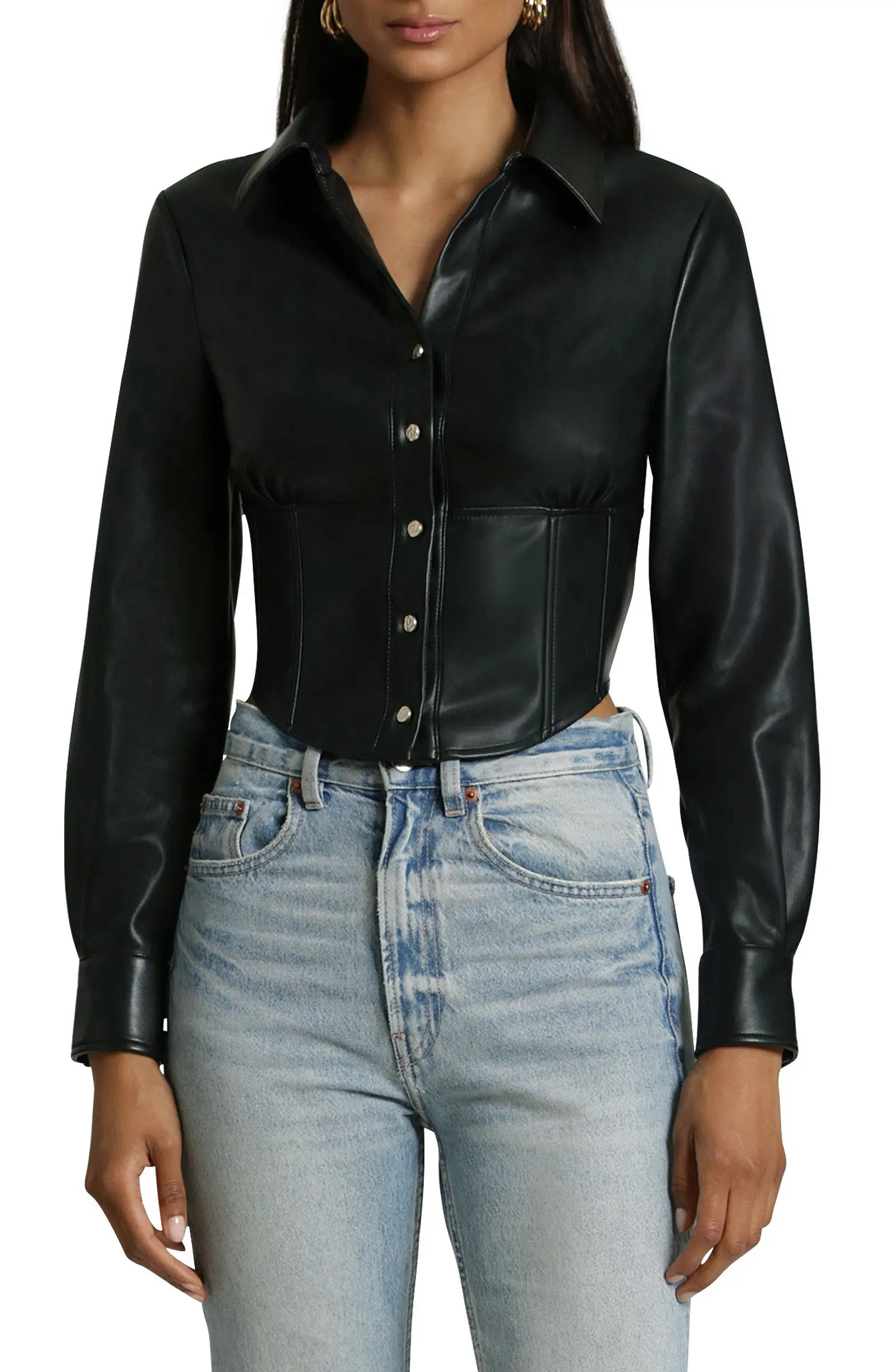 Avec Les Filles Faux-Ever Leather™ Long Sleeve Cropped Corset Shirt | Nordstrom | Nordstrom