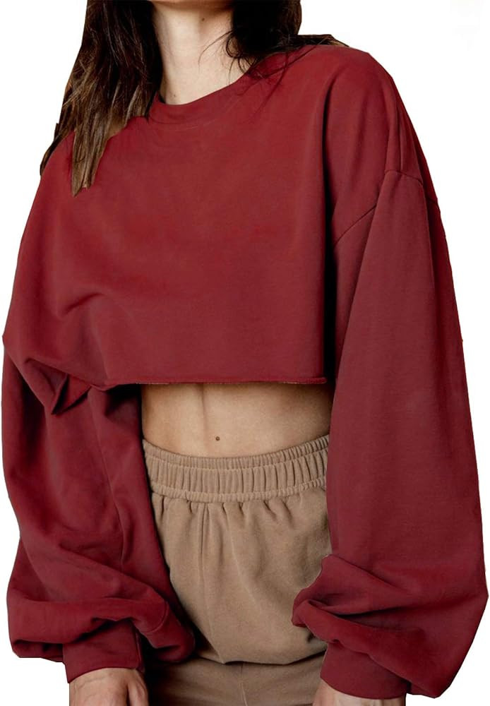 Artfish Women's Crewneck Long Sleeve Crop Tops Workout Casual Pullover Loose Sweatshirts | Amazon (US)