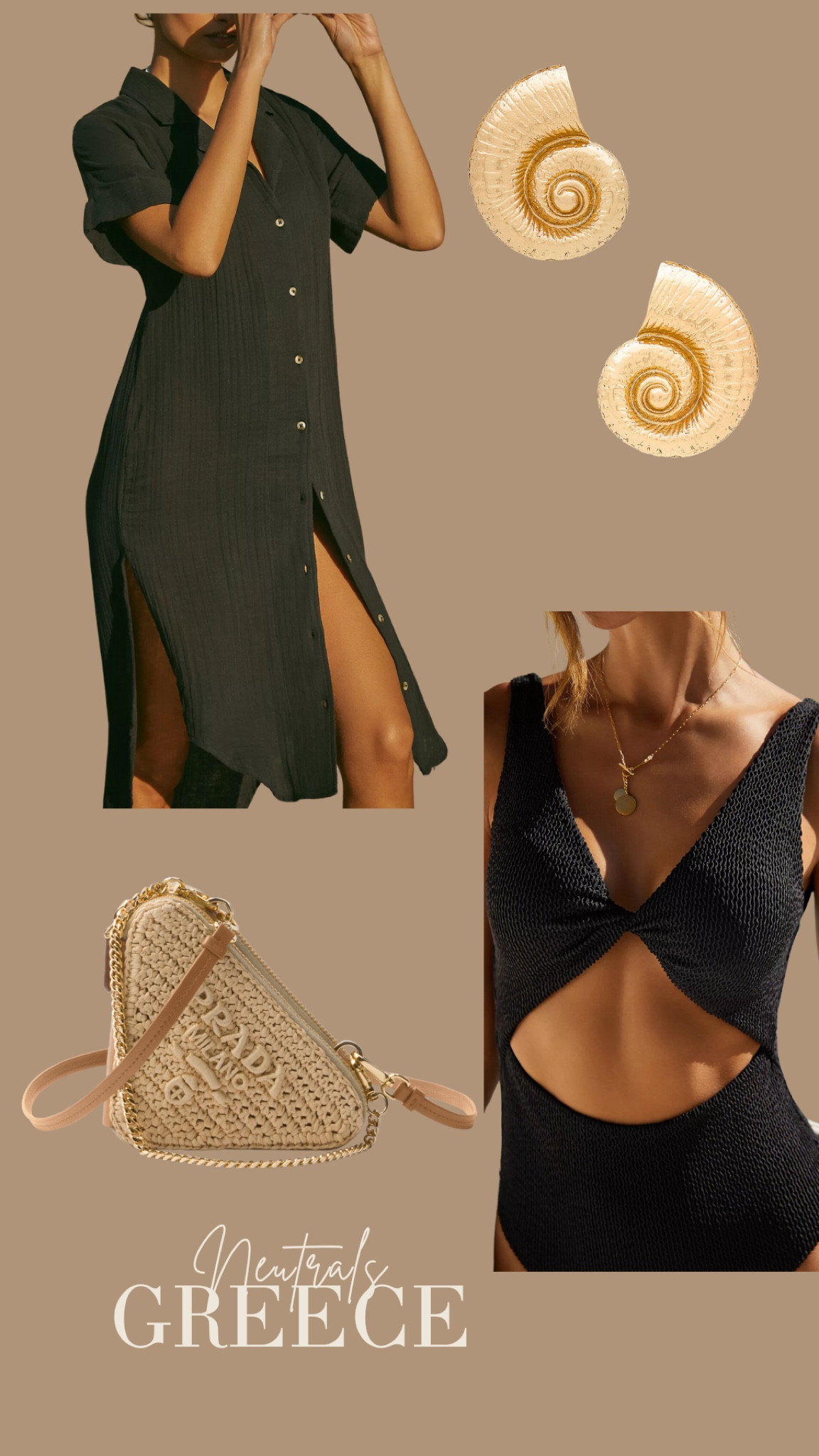 Timeless Neutral Look, making me want to be in Mykonos 🌞 you can never go wrong with a black swimsuit and the shell earnings are the perfect subtle touch.  

#LTKStyleTip #LTKTravel #LTKSwim