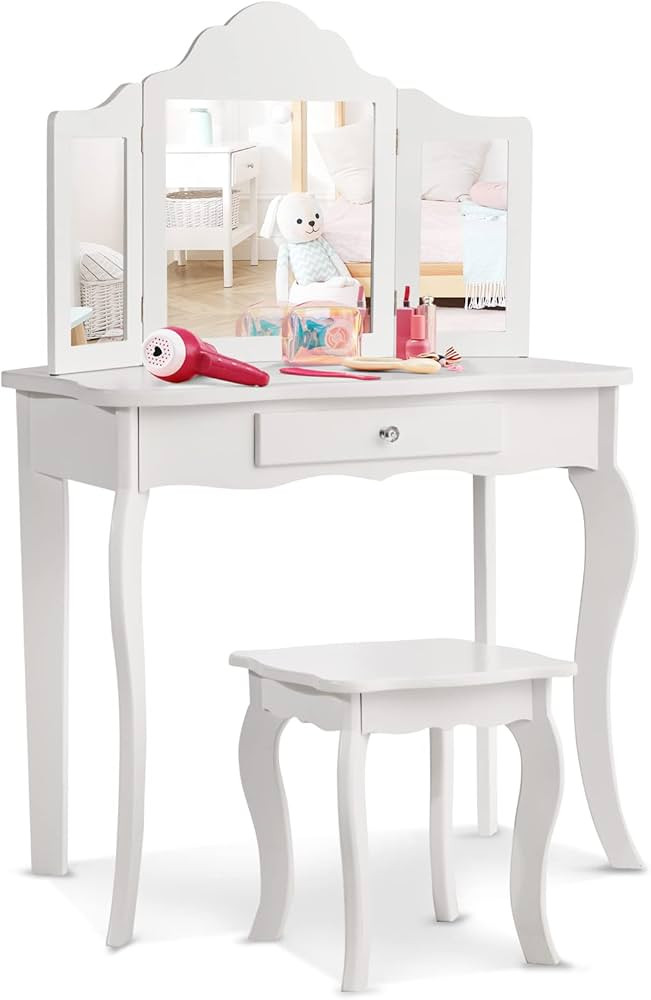 HONEY JOY Kids Vanity Set with Mirror, 2-in-1 Wooden Toddler Vanity Table with Stool, Tri-Folding... | Amazon (US)