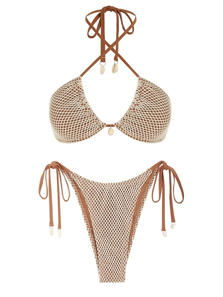 seamoly Two Piece Bikini Set Fishnet Shell Bikini Two Piece Swimsuit Bikini Videos Bikini Video | Amazon (US)