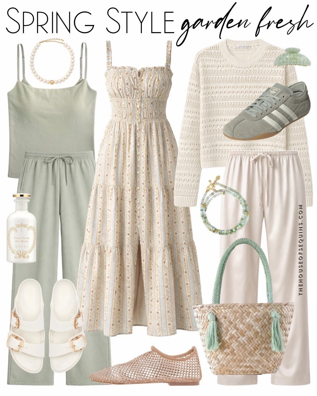 Shop Abercrombie new arrivals! Sage green edit, satin pants, matching set, spring dress, maxi dress, resort wear, date night outfit, vacation outfit, Easter outfit, mesh flats, adidas sneakers, Birkenstock sandals, basket bag


