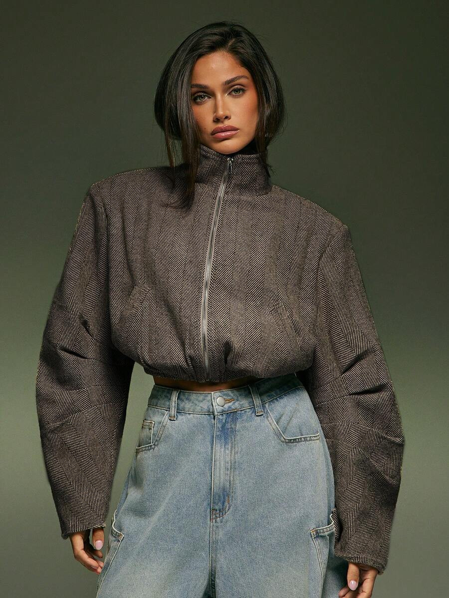 Denimoi Elastic Waist High Neck Cropped Zip Front Herringbone Jacket | SHEIN