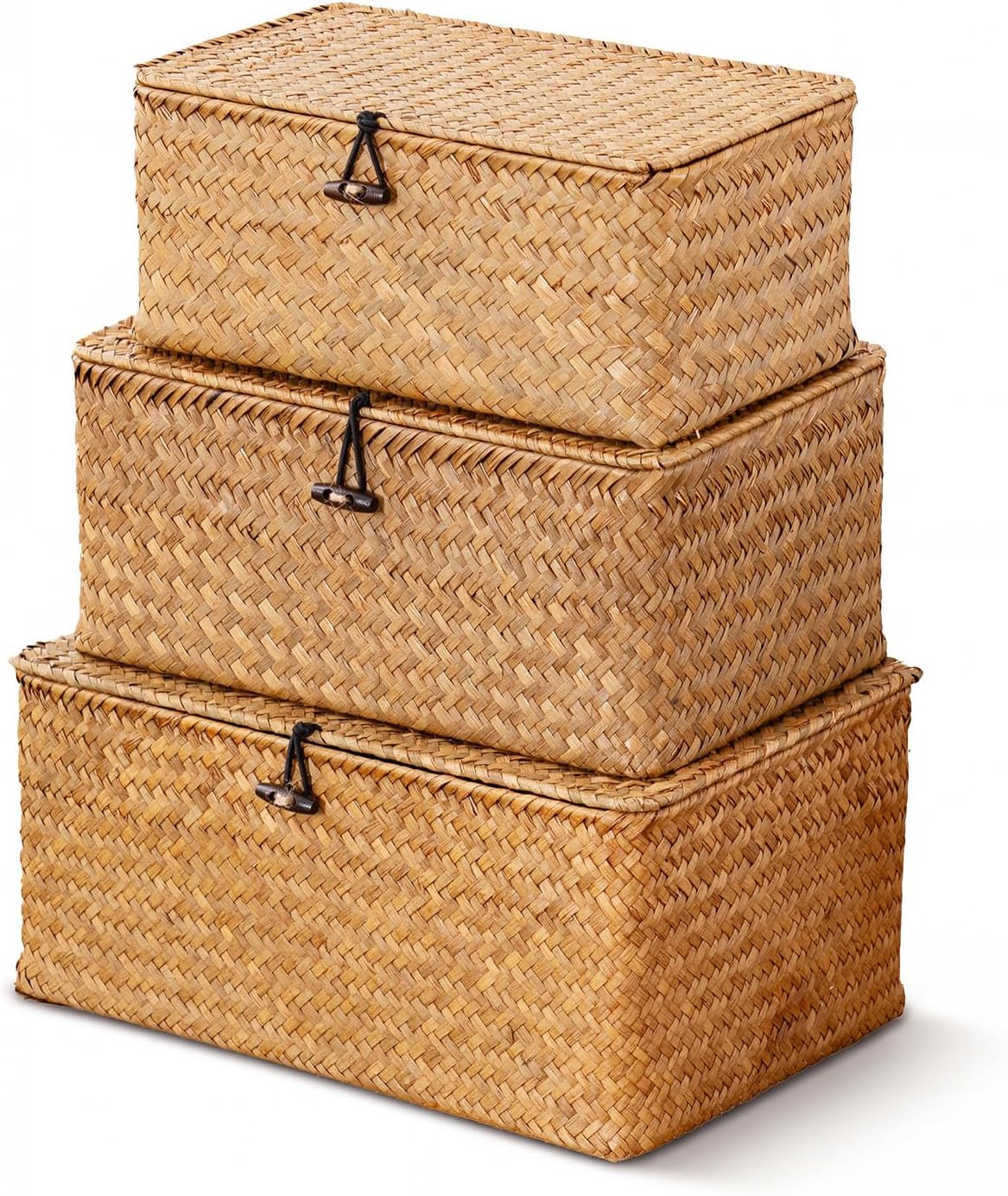 Nonam Wicker Storage Basket with Lid,Seagrass Shelf Basket Set of 3,Natural | Amazon (US)