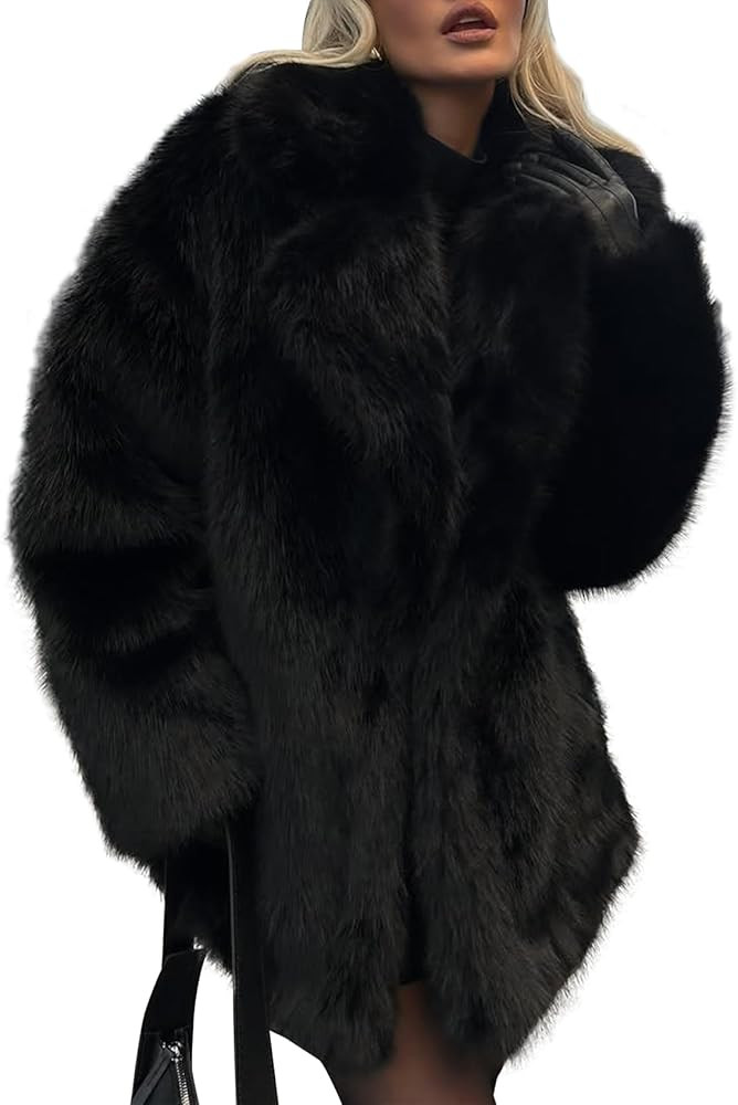 Kissonic Women's Faux Fur Coat Long Sleeve Lapel Shaggy Winter Jacket Luxury Warm Furry Open Fron... | Amazon (US)