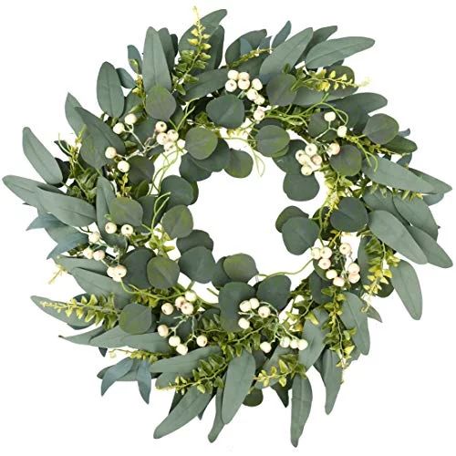 18" Green Wreath,Artificial Eucalyptus Wreath with Fern Leaves and Round Cream Berries for Spring... | Walmart (US)
