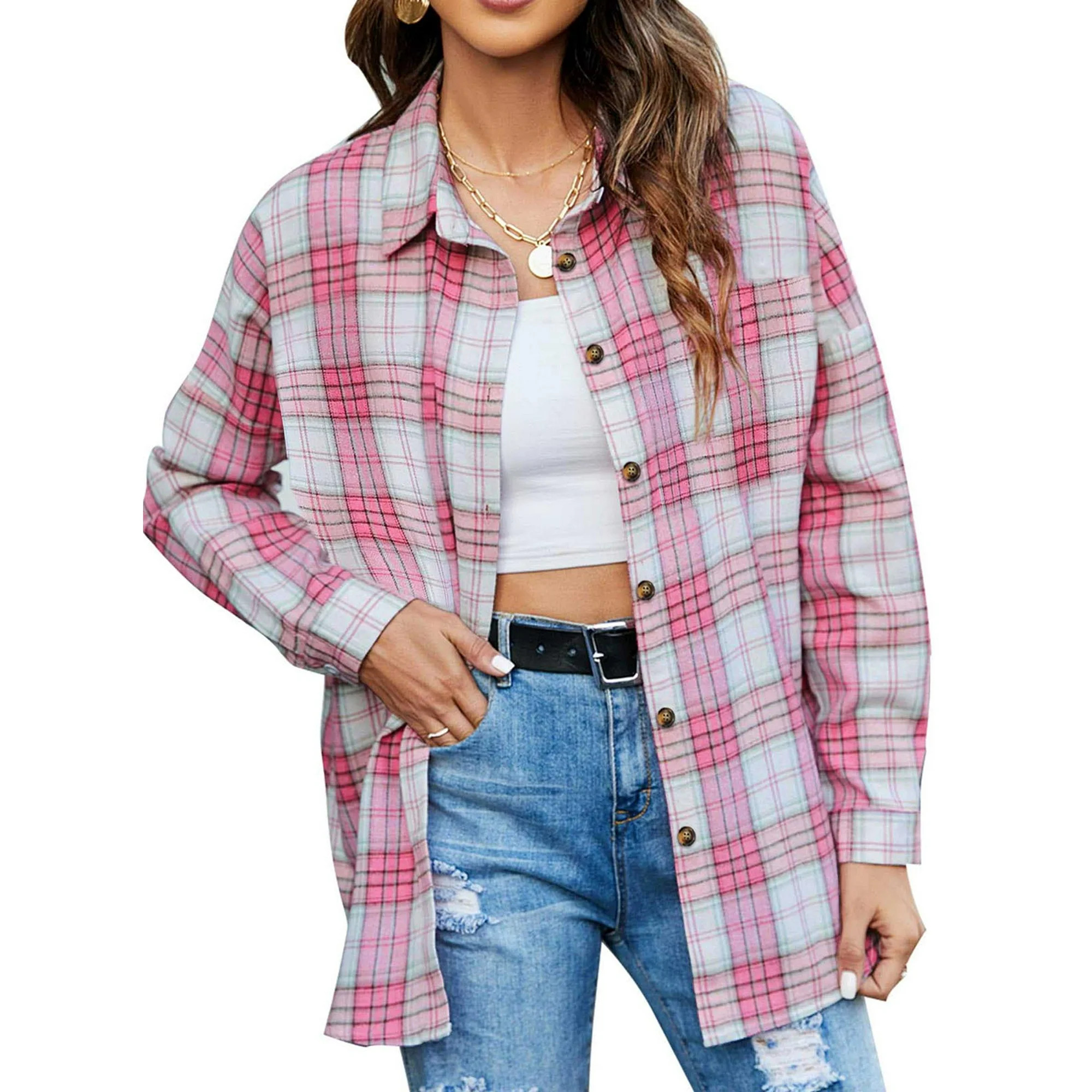 Fantaslook Plaid Flannel Shirts for Women Oversized Long Sleeve Button Down Shirts Blouses Tops -... | Walmart (US)