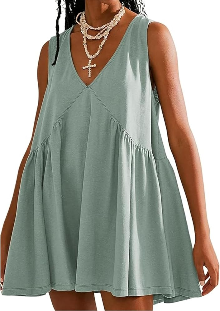 OPCAKM Women's V Neck Sleeveless Mini Dress Loose Summer Pleated Swing Flowy Sundress | Amazon (US)