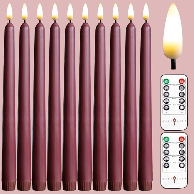 10 Burgundy Flameless 11'' Wax Coverd Taper Candles with 2 Remote, LED Battery Operated Candle fo... | Amazon (US)