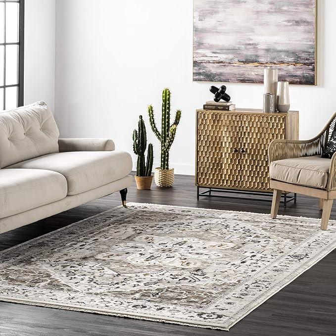 nuLOOM Oliveira Floral Medallion Fringe Area Rug, 9' x 12', Beige | Amazon (US)