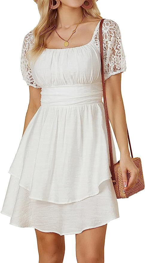 GRACE KARIN Women's 2023 Summer Dresses Square Neck Tie Back Lace Short Sleeve Tiered Swing A Lin... | Amazon (US)