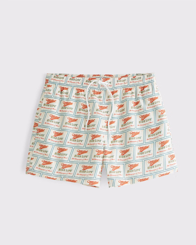 Abercrombie & Fitch Men's Miller High Life Graphic Pull-On Swim Trunk in Cream Pattern - Size S | Abercrombie & Fitch (US)
