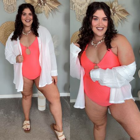 One piece hot pink shine swimsuit + gauze coverup //Coastal beach vacation outfit 🌊🐚🏝️ 
Size XL long in swimwear
Size XL in button up 

#LTKSwim #LTKPlusSize #LTKStyleTip