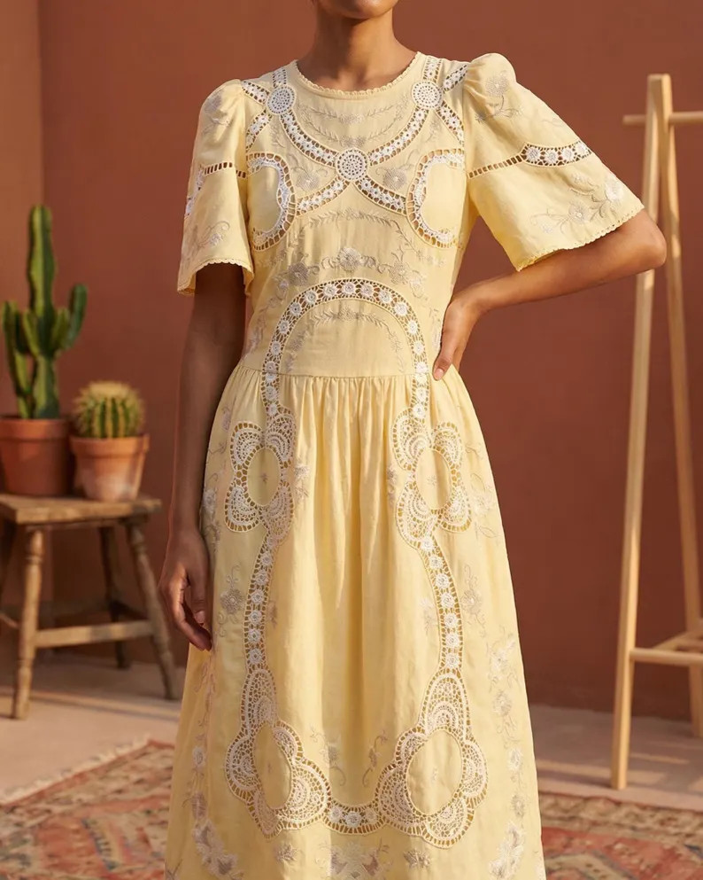 French Embroidered Linen Dress | Retro Bell Sleeve Midi | Summer and Spring Gift Her | Etsy (US)