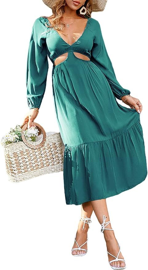 Simplee Women's Sexy Long Sleeve Deep V Neck Midi Dress Casual Cut Out Smocked Long Flowy Dresses... | Amazon (US)